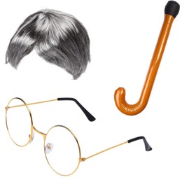 Beefunny Old Man Wig and Glasses Grandpa Costume Accessories Inflatable Walking Cane 100th Day of School Starter Kit (Not Include Cane)