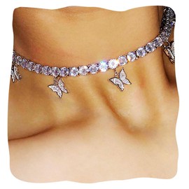 JONKY Butterfly Pendant Necklaces Rhinestone Choker Necklace Sparkly Tennis Necklace Fashion Jewelry for Women(Silver)