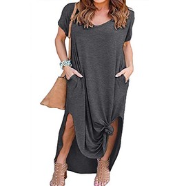 HBEYYTO Women's Plus Size Maxi Dresses V Neck Casual Short Sleeve Loose Pocket Slits Long Dress XL-5XL (Gray, XXXX-Large)