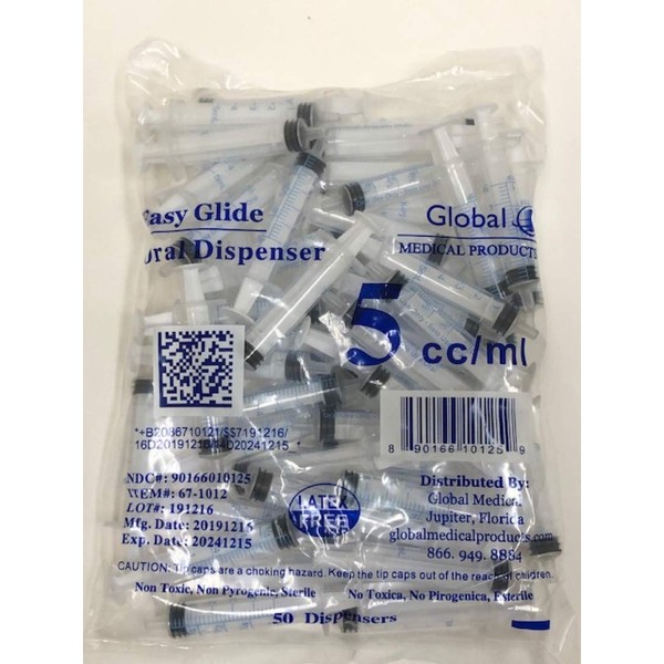 Easy Glide 5ml 5cc Oral Syringe, Caps Included, Great for Oral Medicine and Home Care, 100 Count