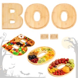 5Pcs BOO Halloween Charcuterie Board Set, Bamboo Wood Serving Tray Platter with 2 Dipping Saucers Fruit Snack Candy Cupcake Tray Table Decor for Halloween Party