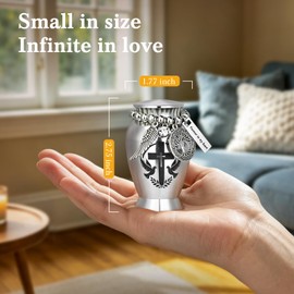 Anbanglin Small Cremation Urns for Human or Pet Ashes, Mini Metal Sharing Keepsake Urn for Adults, Sleek Silver Decorative Funeral Memorial Urn with Engraved Cross, Tree of Life & Angel Wing Charm