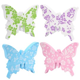 COCHIE Butterfly Spring Decorations for Home, Wooden Butterflies Blocks Tiered Tray Decoration Set, Pink Blue Spring Table Top Decor for Office Party Shelf Door (Floral Print 4PCS)