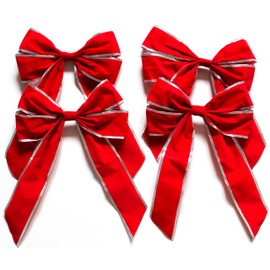 CaPiSo Pack of 4 Bows 20 x 30 cm Velour Glitter Bow Lurex Bow Lammee Gift Bow Velour Bow Red Bow (Velour Simple Red Silver)