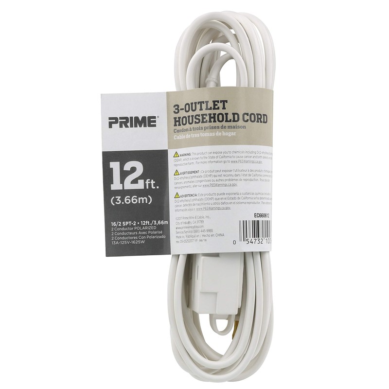 Prime EC660612 12-Foot 16/2 SPT-2 3-Outlet Indoor Cord, White