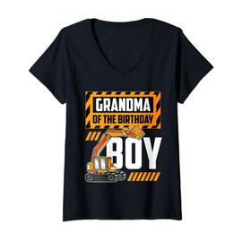 Womens vehicle construction excavator Grandma of the Birthday Boy V-Neck T-Shirt