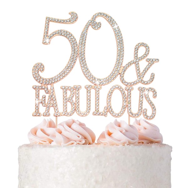 50 decoraciones para tartas, metal dorado rosa, 50 y fabuloso, decoración de diamantes de imitación brillantes para fiesta de cumpleaños 50 es un gran centro de mesa, ahora protegido en una caja