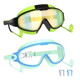 YLKJSWIM Swim Goggles for kids 3-15 with Earplugs Large Frame Anti-Fog/UV No Leaking Pool Water Swimming Goggles for Boys Girls Youth Toddler (2pcs)