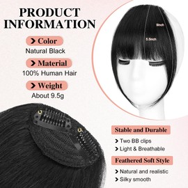 YOLIN Clip in Bangs, 100% Human Hair Bangs with Temples Bangs Hairpieces for Women Clip in Fake Bangs for Daily Wear (Black)
