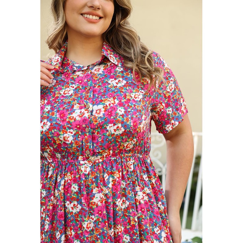 RITERA Plus Size Dress for Curvy Women Short Sleeve Button