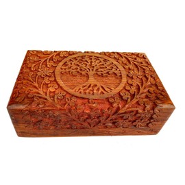 Ajuny Handcarved Wooden Decorative Treasure Chest Box 8 x 5 Inch Brown Tree Of Life Pattern - Multipurpose Use As Jewelry Storage, Watch Box, Great for Gifts