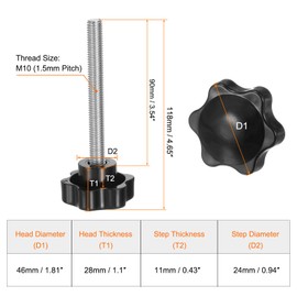 sourcing map 4pcs Star Knobs M10 x 90mm 304 Stainless Steel Threaded Stud 46mm Plastic 6-Star Head Hand Tightening Thumb Screw Clamping Jig Knob Handle, Black