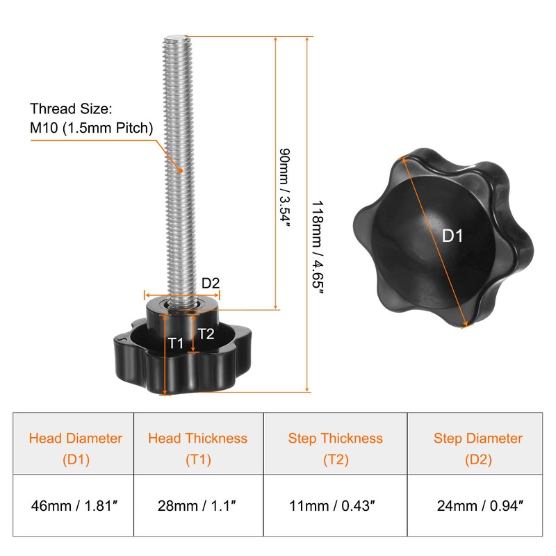 sourcing map 4pcs Star Knobs M10 x 90mm 304 Stainless