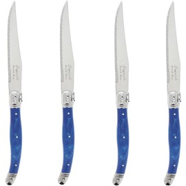 Laguiole - Cuchillos para carne de 4 piezas (mármol azul) - Cuchillos de acero inoxidable - Cuchilla dentada de corte suave - Juego de cuchillos de carne para lavaplatos, juego de cuchillos de cocina