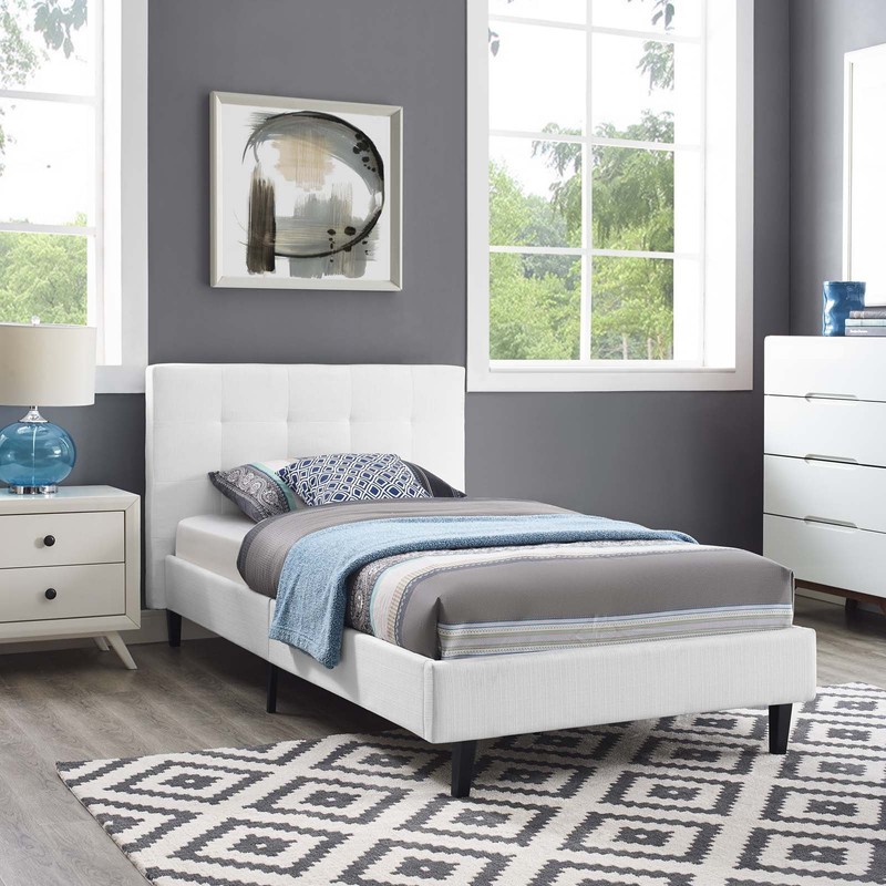 Modway Linnea Upholstered White Twin Platform Bed with Wood Slat