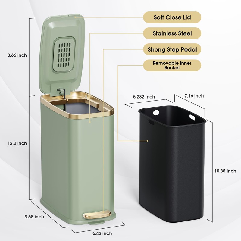 CEROELDA Small Bathroom Trash Can with Lid Soft Close-5L/1.3 Gal