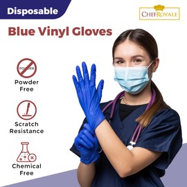 CHEF ROYALE Pack of 500 New Blue Vinyl Gloves - latex free gloves Surgicals Powder Free Medical Vinyl Gloves Multi Use Food Prep Gloves - Bulk Quantity Available (500, Medium)
