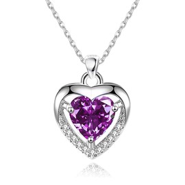 Silver Necklaces for Women Crystal Love Heart Pendant Necklace, Adjustable Necklace Jewellery for Her Wife Mom Girlfriend Birthday (Purple)
