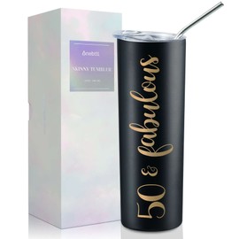 Onebttl 50th Birthday Gifts for Women, Female, Her - 50 and Fabulous - 20oz/590ml Stainless Steel Insulated Tumbler with Straw, Lid, Message Card - (Black)
