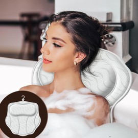 Bath Pillow Luxury Bathtub Pillow - Bath Pillows for Tub Neck and Back Support, Ergonomic Tub Pillow for Bath with 6 Powerful Suction Cups, Fits All Bathtub Portable Bath Accessories - White