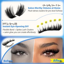 PHKERATA Lash Clusters with Bottom Eyelash Clusters Wispy Cluster Eyelash Extensions Spikes 12-22mm Individual Lashes Mink Volume D Curly Lashes Clusters DIY Thick Lash Extensions Look