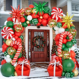 Christmas Balloons Garland Arch Kit, Red Green White Gold with Candy Cane Gift Box Explosion Star Foil Balloons for Christmas New Year Candies Xmas Theme Party Decorations...