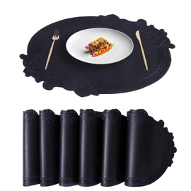 XINYUN Oval Placemats Indoor Set of 6 Wipeable Black Faux Leather Place Mat Reversible Waterproof Table Mats Patio Placemats Heat Resistant Anti Oil Washable Decorate for Dining Table