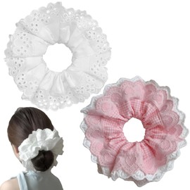 2 PCS White Large Lace Scrunchies for Women Oversized Scrunchy Hair Ties Satin Hair Scrunchies Ponytail Hair Holder Elastics Ties Accessories for Women Girl Thick Curly (White and Pink)