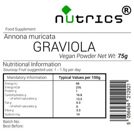 Nutrics® GRAVIOLA Fruit 75g Powder Soursop Annona muricata Suitable for Vegan Vegetarian Halal Kosher