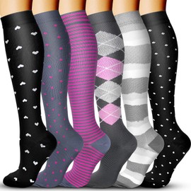 6 Pairs Compression Socks for Men & Women,15-20mmHg is Best for Running, Athletic, Medical, Pregnancy, Travel (Red/Black/Grey/Red/Black/Grey, Large-X-Large)