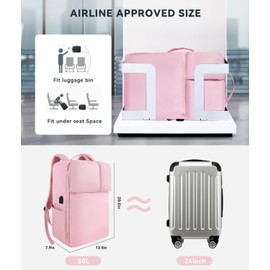 DEVONWIDE 50L Travel Backpack for Men Women, Carry on Backpack with USB Charging Port & Shoe Pouch, TSA Travel 17in Laptop Backpack Flight Approved, Luggage Daypack with 3 Packing Cubes, Pink