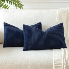 JOTOM Set of 2 Soft Corduroy Striped Cushion Covers 30x50 cm Boho Decorative Throw Pillow Covers Lumbar Cushion Case Couch Home Decor Pillowcases for Sofa Bedroom 12x20 Inch (Navy Blue)