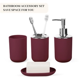 Bathroom Accessory Set, 4 Pcs Plastic Bathroom Set Include Soap Dispenser, Soap Dish, Toothbrush Holder, Mousewash Cup, Modern Bahtroom Décor Set, Space Save for Bathroom(Burgundy)