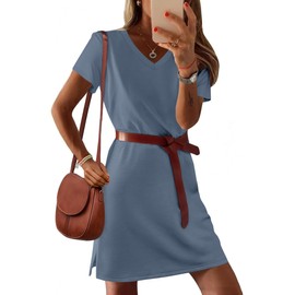 RUMIA Summer Casual Dresses for Women 2025 Mini Vacation Dress V Neck Short Sleeve Split Hem Beach Sundress Dustyblue XL