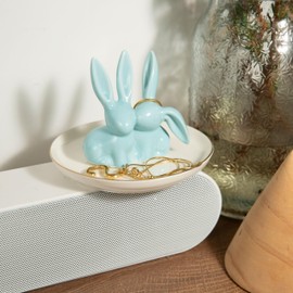 Bunny Ring Holder Rabbit Ring Dish Ceramic Jewelry Holder Dish Trinket tray for Rings Earrings Necklace Organizer, Wedding Engagement Ring Holder (Blue)