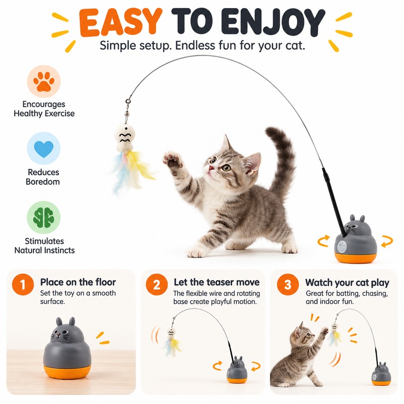 Rotating Base Cat Teaser Wand for Indoor Play – Long