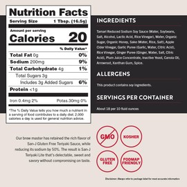 San-J - Gluten Free Lite Teriyaki Sauce with 50% Less Sodium - Well-balanced Sauce for Cooking - Non-GMO - 10 oz. Bottles - 2 Pack