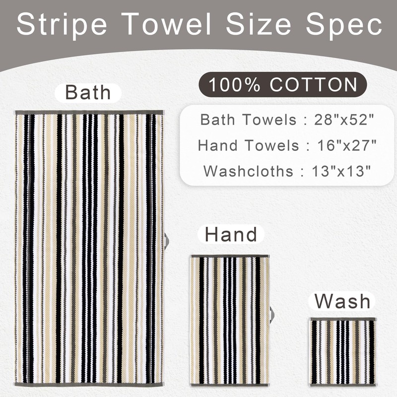 Washcloths 6 Pack, 100% Cotton, 13x13 in, Black Striped