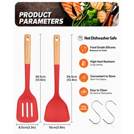 Silicone Wok Spatula Turner Set, Perfect for Scooping, Flipping, Lifting Pancakes and Picking up Veggies, BPA-Free Matte Silicone, Wooden Handles, Safe for Nonstick Cooking Surfaces (Red)