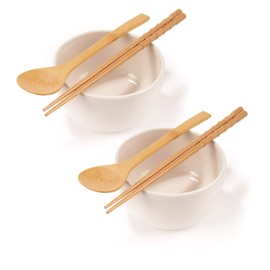 BambooMN Brand - Handcrafted Ceramic Noodle Soup Bowl with Bamboo chopsticks and Spoon - White - 2 Sets