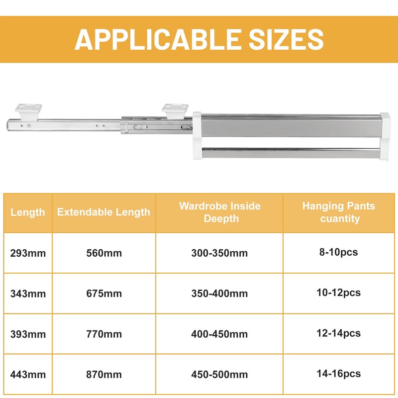 DBREAKS Extendable Clothes Rail for Pull-Out Clothes Hangers, Wardrobe Rail,