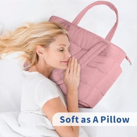 TOPDesign Puffer Tote Bag for Women, Lightweight Puffy Handbag with Compartments & Cosmetic Bag, Quilted Shoulder Bags for Work, Travel, Gym, Gifting (L Dark Pink)