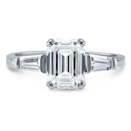 BERRICLE Sterling Silver 3-Stone Wedding Engagement Rings Emerald Cut Cubic Zirconia CZ Anniversary Ring for Women, Rhodium Plated Size 8