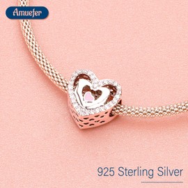 Amuefer Love Heart Charms for Bracelets 925 Sterling Silver Rose Gold Pink Family Paw Print Heart Love Dangle Pendant for Necklaces for Women Girls, Sterling Silver, Zircon gemstone.