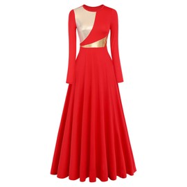 Liturgical Praise Dance Worship Long Dress for Women Metallic Gold Color Block Loose Fit Full Length Church Dancewear Long Sleeves Robe Dance Dress Ruffle Tunic Circle Skirt Red L