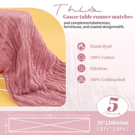 5 Packs Cheesecloth Table Runner Dusty Rose,10FT Gauze Bobo Table Runner Cheesecloth Fabric Semi-Sheer Table Runner for Wedding Reception,Boho Rustic Wedding Party Table Decor