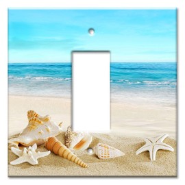 JUMBO Metal Switch Plate, 2 Gang Oversize Decorator Cover Plate (for 1 Centered Device), Switch Cover for Rocker Switches, GFCI - UL Listed, 5.5" x 5.5" - Made in USA - Seashells on the Beach