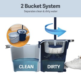 Casabella Clean Water Spin Mop with 2-Bucket System, Spin Mop and Mopping Bucket Set with Refill, Blue/White