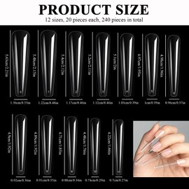 LELE LIFE 240 PCS 12 Size 3XL Coffin Full Cover Nail Tips, Extra Long Clear Nail Tips for Acrylic Nails Professional, No C Curve Fake Nail Tips with Box for DIY Salon, Style C