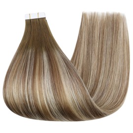 Full Shine Tape in Hair Extensions Real Human Hair Color 3/8/22 Balayage Hair Sandy Brown Rooted Fading to Ash Brown and Blonde 22 Inch Real Hair Extensions for Women 20 Pieces 50 Grams